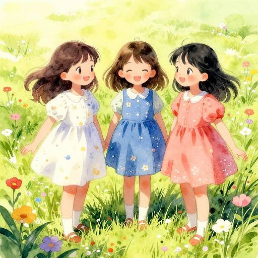 Girls in Short Dress in Sunny Meadow