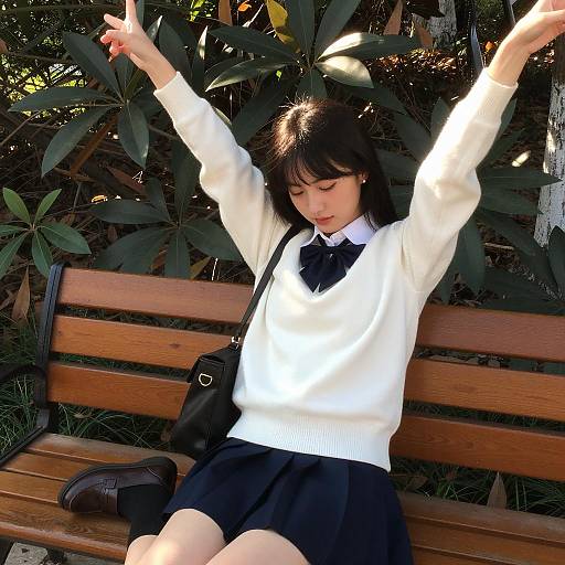 Young Woman on Wooden Bench Making Peace Sign