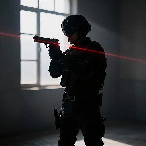 Backlit Tactical Operator with Red Lasers