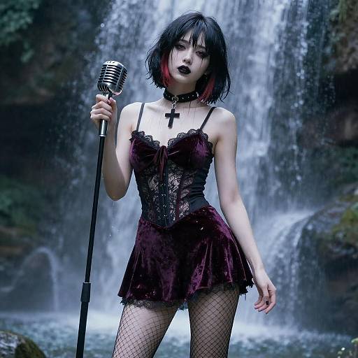Gothic Idol Beneath Cascading Waterfall Glow