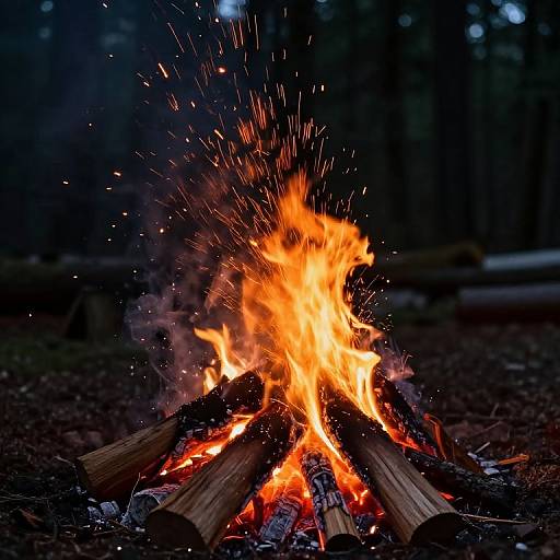 Photograph of a vibrant campfire with bright orange flames, sparkling embers, and wooden logs in a dark forest background.