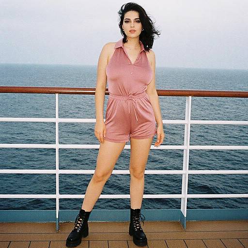 Photograph of a dark-haired woman in a pink romper and black boots, standing on a ship's deck with ocean background.