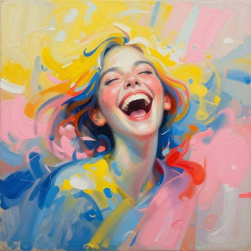 Vibrant digital painting of a laughing young woman with colorful, abstract background. Bright yellow, blue, pink, and red swirls highlight her joyful