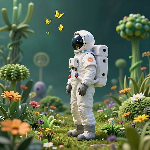 CGI image of a white-suited astronaut in a colorful, alien garden with vibrant flowers, cacti, and fluttering yellow butterflies.