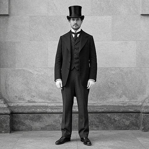 Black-and-white photograph of a serious man in Victorian attire: black pinstripe suit, waistcoat, bow tie, top hat, white gloves,