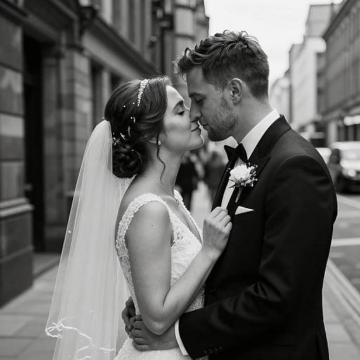 Black-and-white photograph of a bride in lace wedding dress and veil, kissing her bearded groom in a suit, standing on a city street.