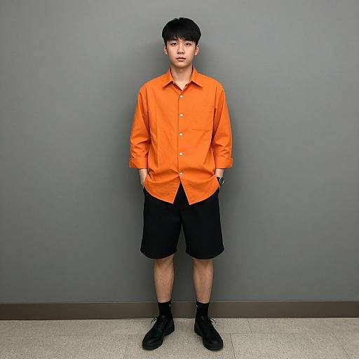 Photograph of an Asian male standing against a gray wall, wearing an orange prison shirt, black shorts, and black boots.