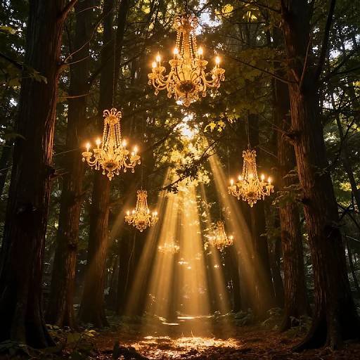 Photograph of five ornate golden chandeliers hanging in a dense, sunlit forest, with sunlight streaming through the trees onto the forest floor.