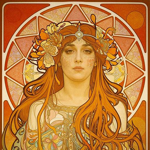 Digital art of a serene, fair-skinned woman with long, flowing orange hair, adorned with a flower crown, and intricate, golden-patterned clothing
