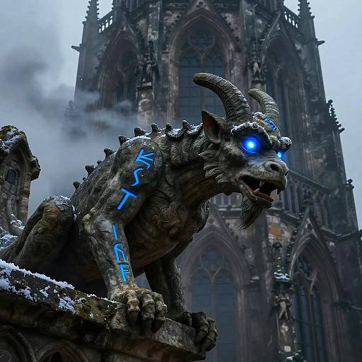 CGI fantasy image of a glowing blue-eyed, horned, stone dragon with blue runes, perched on a snow-covered gothic cathedral rooftop.