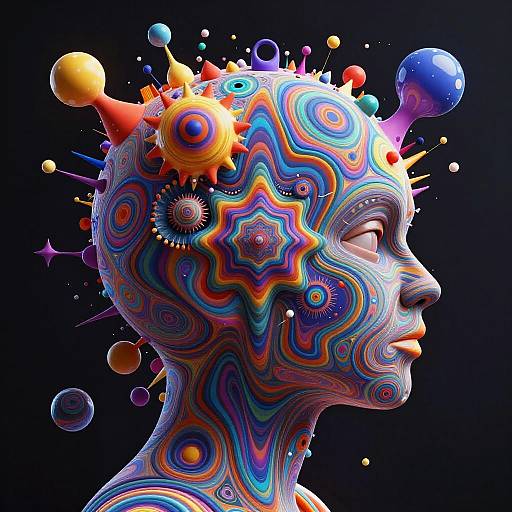 Digital art of a colorful, abstract human head profile adorned with vibrant, swirling patterns, gears, and floating spheres against a black background.