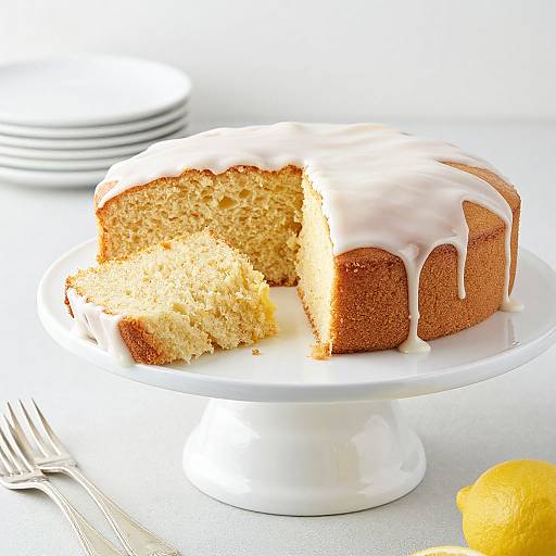 Photograph of a moist, golden-brown cake with white icing, slice taken out, on a white pedestal plate, with stacked white plates and lemon