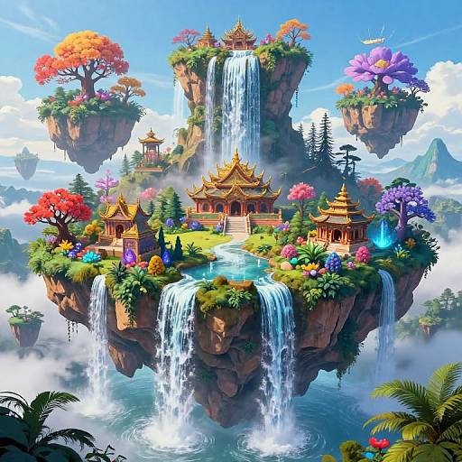 Digital fantasy artwork of a floating, vibrant island with cascading waterfalls, colorful trees, and golden pagodas, surrounded by mist and clouds.