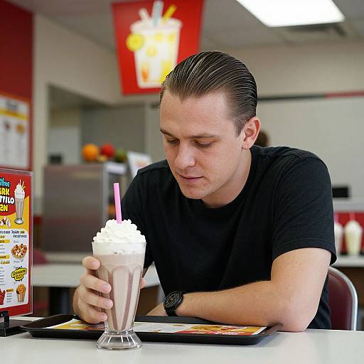 Photograph of a fair-skinned man with slicked-back brown hair, wearing a black t-shirt, sipping a chocolate milkshake with whipped cream