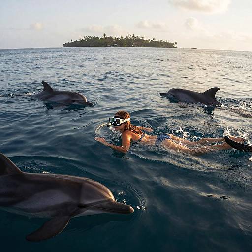 Photograph of a woman snorkeling in clear blue ocean water, surrounded by four dolphins, with a distant island on the horizon.