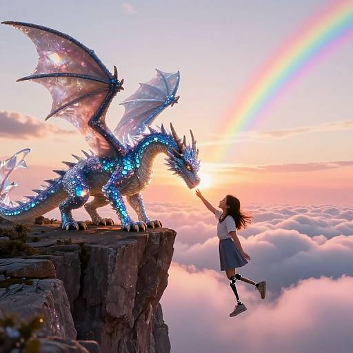 Digital anime-style artwork: A glowing blue dragon with wings on a cliff, touching noses with a girl in a skirt, rainbow in the sunset sky above