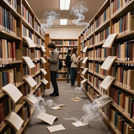 Photograph of a library aisle with books on shelves, smoke swirling around, and three people browsing, with books floating mid-air.