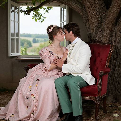 Photograph of a romantic couple in vintage attire, sitting on a red armchair under a tree, kissing passionately, with sunlight through a window in the