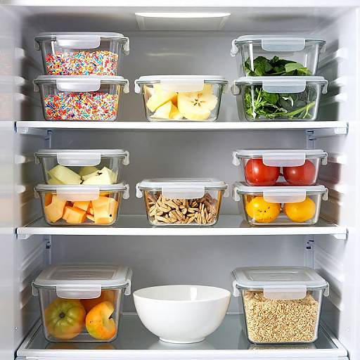 Photograph of a well-organized refrigerator with clear plastic containers on three shelves, holding colorful sprinkles, leafy greens, fruits, nuts, and