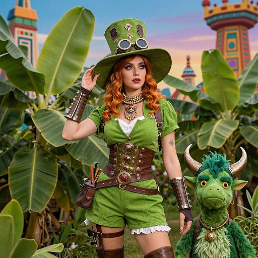 Photorealistic CGI of a red-haired woman in green adventurer outfit with goggles, corset, and hat, standing with a green, horned dragon