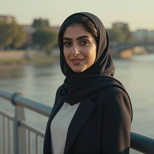 Photograph of a smiling South Asian woman with medium skin tone, dark eyes, wearing a black hijab and white top, standing by a river with