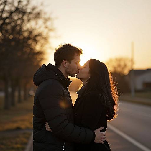 Photograph of a couple kissing at sunset, both wearing black jackets, silhouetted against a glowing sky, standing on a suburban street.