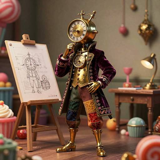 Whimsical Clockwork Bard in Candy Workshop