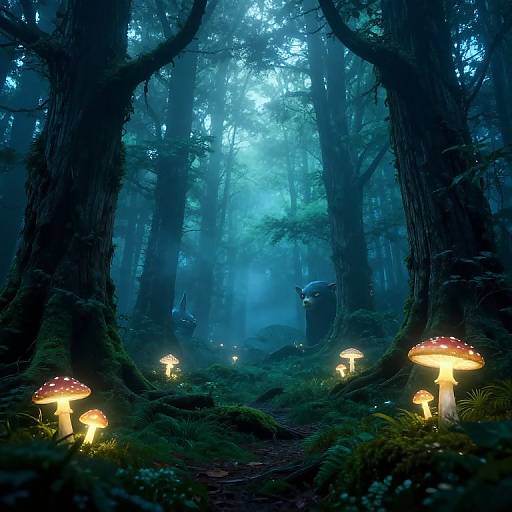 Mysterious, glowing mushroom forest at night; tall trees, luminescent fungi, misty blue light, and a small, shadowy figure in