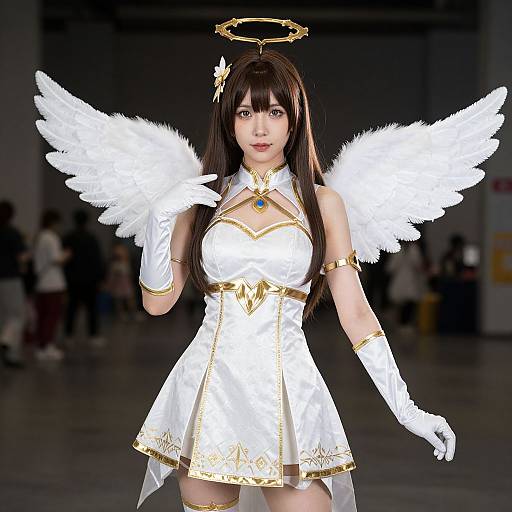 CGI image of an Asian woman in a white angel costume with gold accents, white wings, halo, and long brown hair, standing on a dark