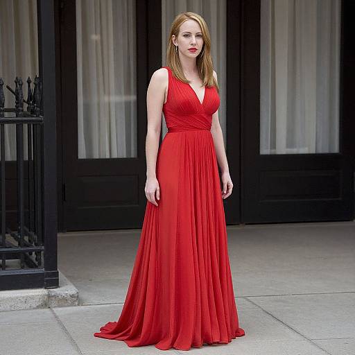 Photograph of a fair-skinned, red-haired woman in a floor-length, red, V-neck gown standing outdoors in front of black-framed windows