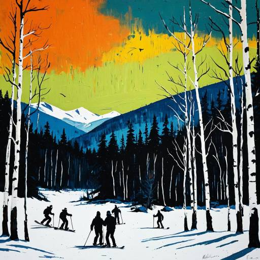 Abstract Forest Skiing Scene with Colorful Sky