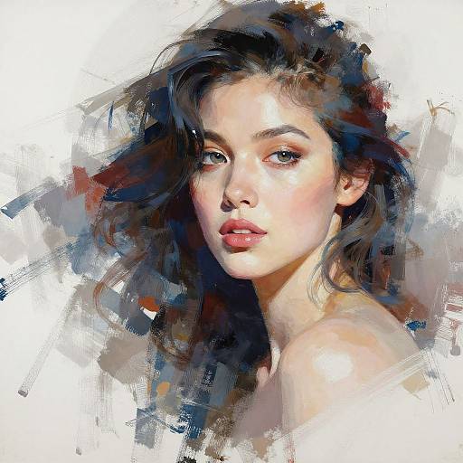 Digital painting of a beautiful young woman with fair skin, green eyes, and wavy dark brown hair, set against a textured, abstract background.