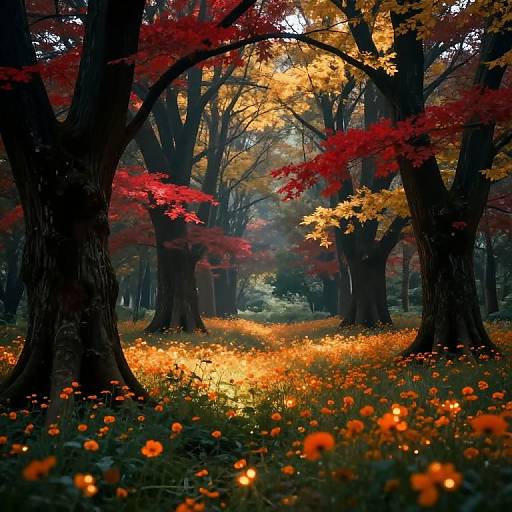 Photograph of a magical forest with tall trees, vibrant red and yellow leaves, and a carpet of glowing orange wildflowers.