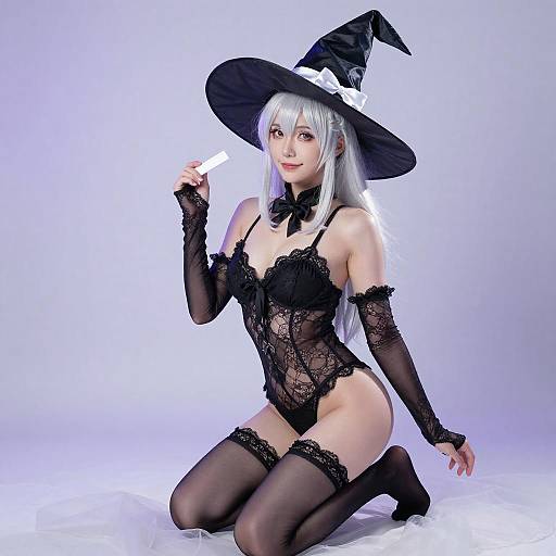 Confident Witch in Black Lace Attire