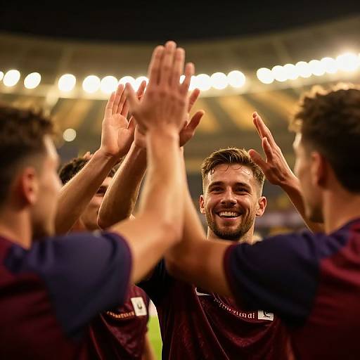 Photograph of smiling male soccer players high-fiving in a brightly lit stadium, wearing dark maroon jerseys, with blurred lights in the background.