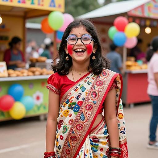 Photograph of a smiling Indian girl with dark hair, red face paint, glasses, and colorful sari, surrounded by balloons at a festive market.