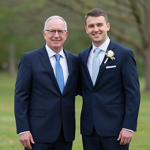 Photograph of two smiling men in black suits and light blue ties, standing outdoors, with one wearing glasses and a white rose boutonnière.