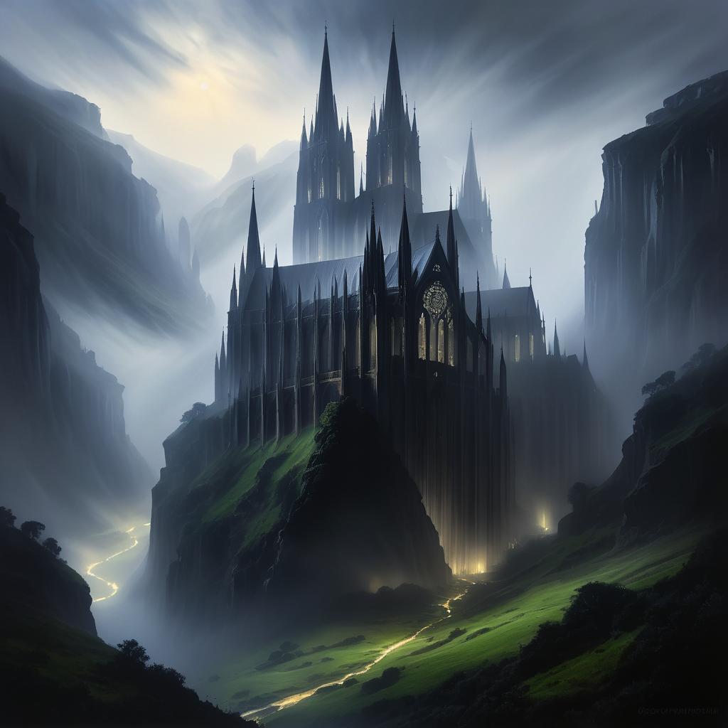 Mysterious Gothic Cathedral in Misty Valley