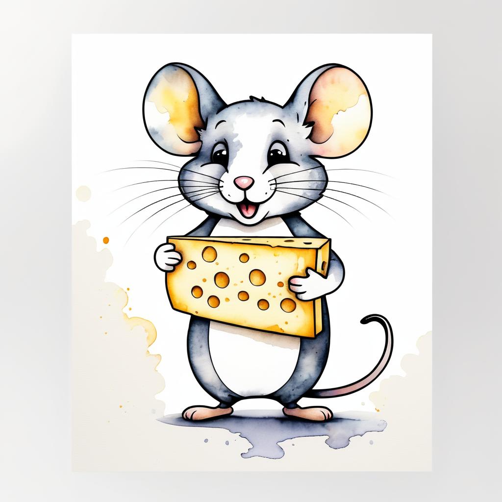 Whimsical Mouse with Cheese Illustration