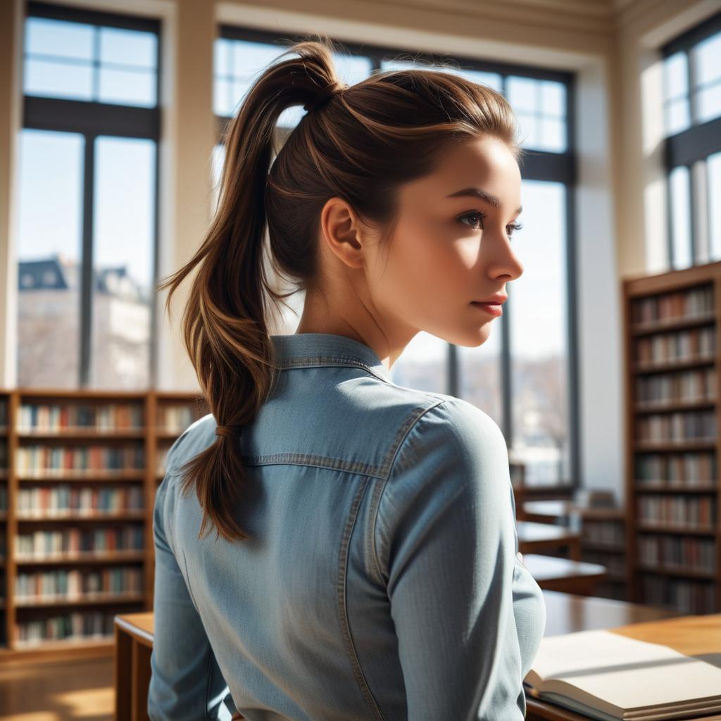 Vintage Brunette in Modern Library Closeup