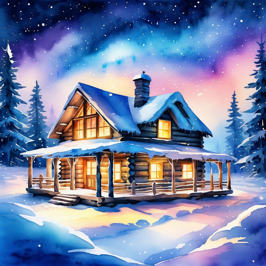 Dreamy Winter Cabin in Watercolor