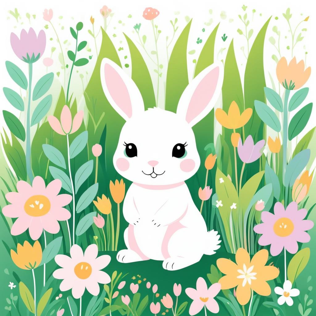 Charming Cartoon Baby Rabbit in Garden