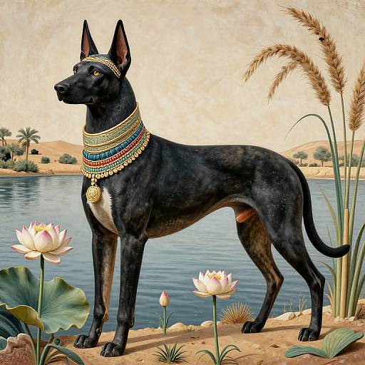 Digital painting of a regal black Anubis-like dog with colorful Egyptian jewelry, standing by a serene lake with lotus flowers and reeds.