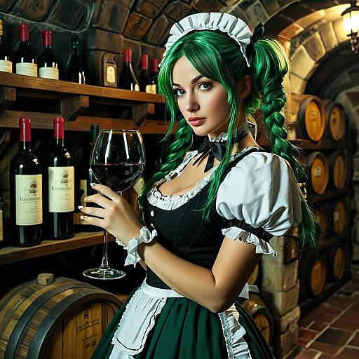 Digital art of a green-haired woman in a black and white maid outfit, holding a glass of red wine in a dimly-lit, rustic wine