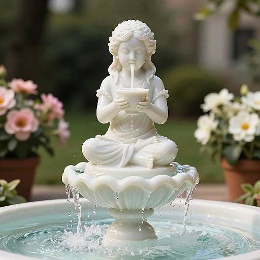 Photograph of a white marble statue of a seated, braided girl pouring water from a lotus-shaped fountain, surrounded by pink and white flowers.