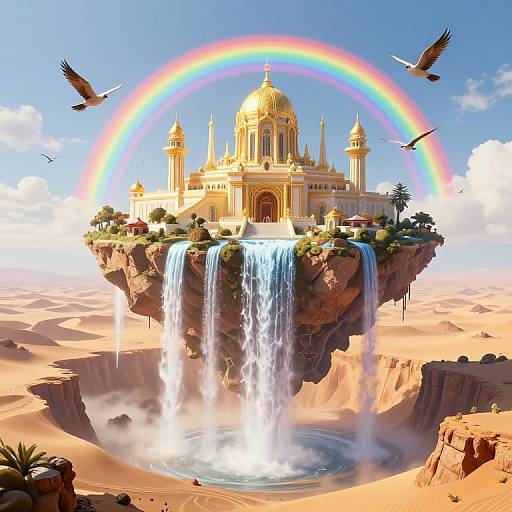 Digital illustration of a golden, dome-topped temple floating on a cliff, surrounded by a waterfall, rainbow, birds, and desert landscape.