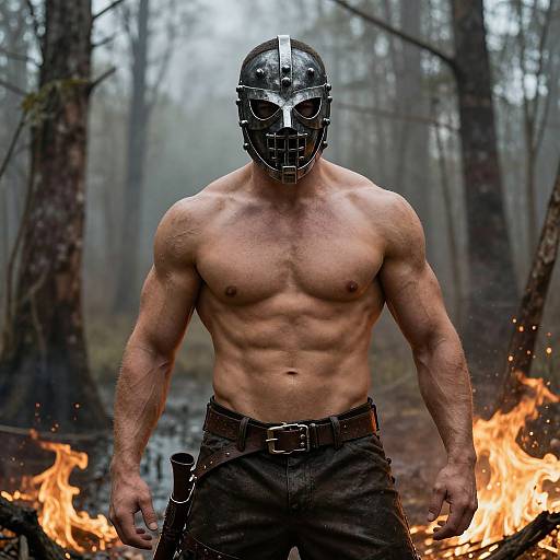 Muscular shirtless man with black helmet and mask, wearing dark pants, stands in front of forest fire, dramatic lighting. Photorealistic photograph.