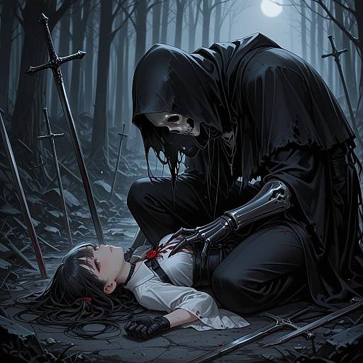 Death Reaper Kneeling Over Girl in Dark Forest