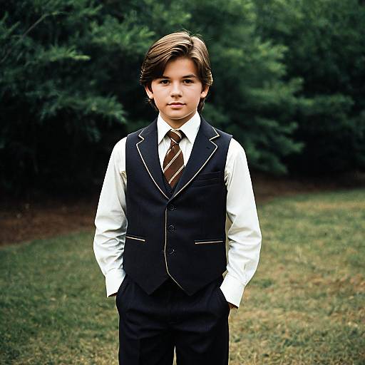 Boy in Formal Vest and Tie Outdoors