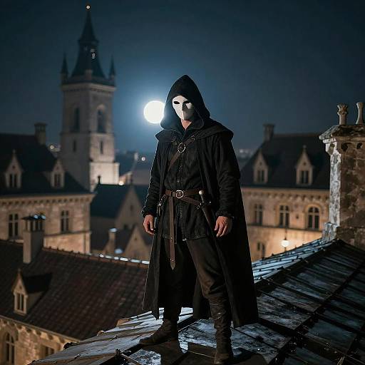 Mysterious Thief on Medieval Rooftop Night